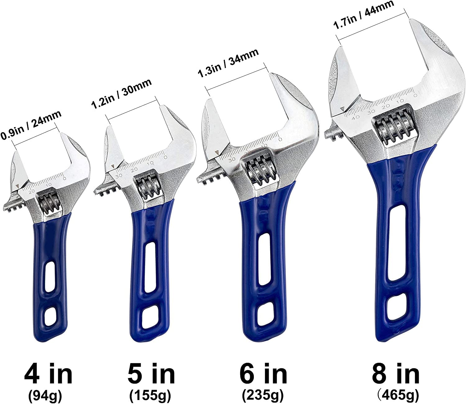 Llave inglesa ajustable de apertura ancha con mango corto de acero cromado vanadio forjado (4 "+5"+6"+8"))