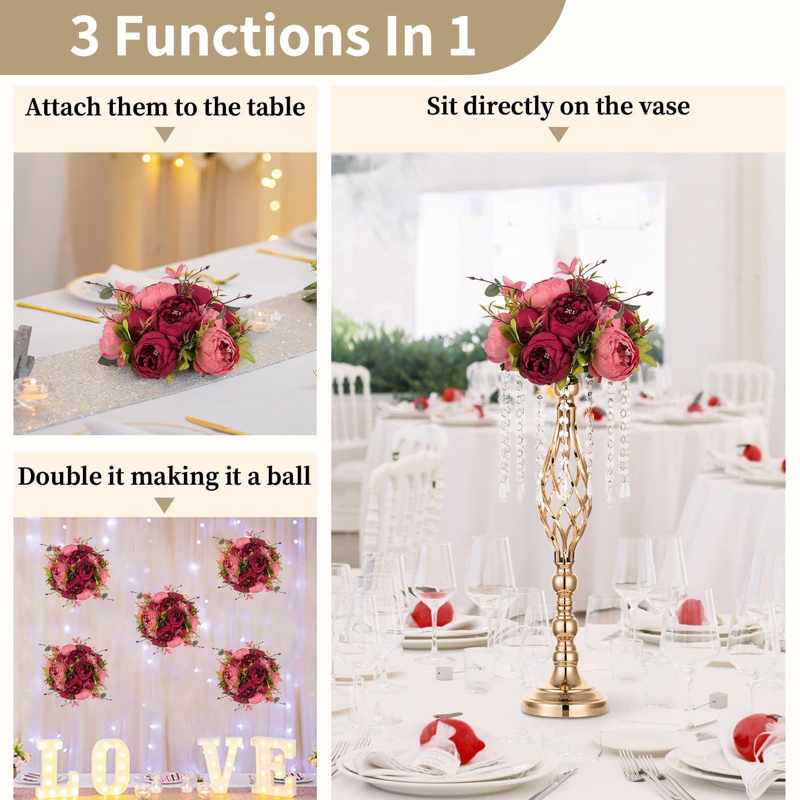 NUPTIO Fleurs Artificielles Pivoine pour Centres: 10 Pièces 24cm Diamètre Rose et Rouge Fausses Fleurs de Pivoine Boules en Soie Bouquet de Mariage Centres de Table pour Décorations