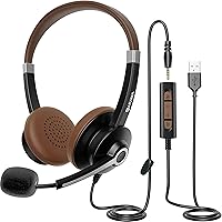 Vista 1 de Arama USB Headset with Microphone Noise Cancelling & in-line Call Controls, Ultra Comfort 3.5mm Wired Headset for Cell Phone, Computer Headset with
