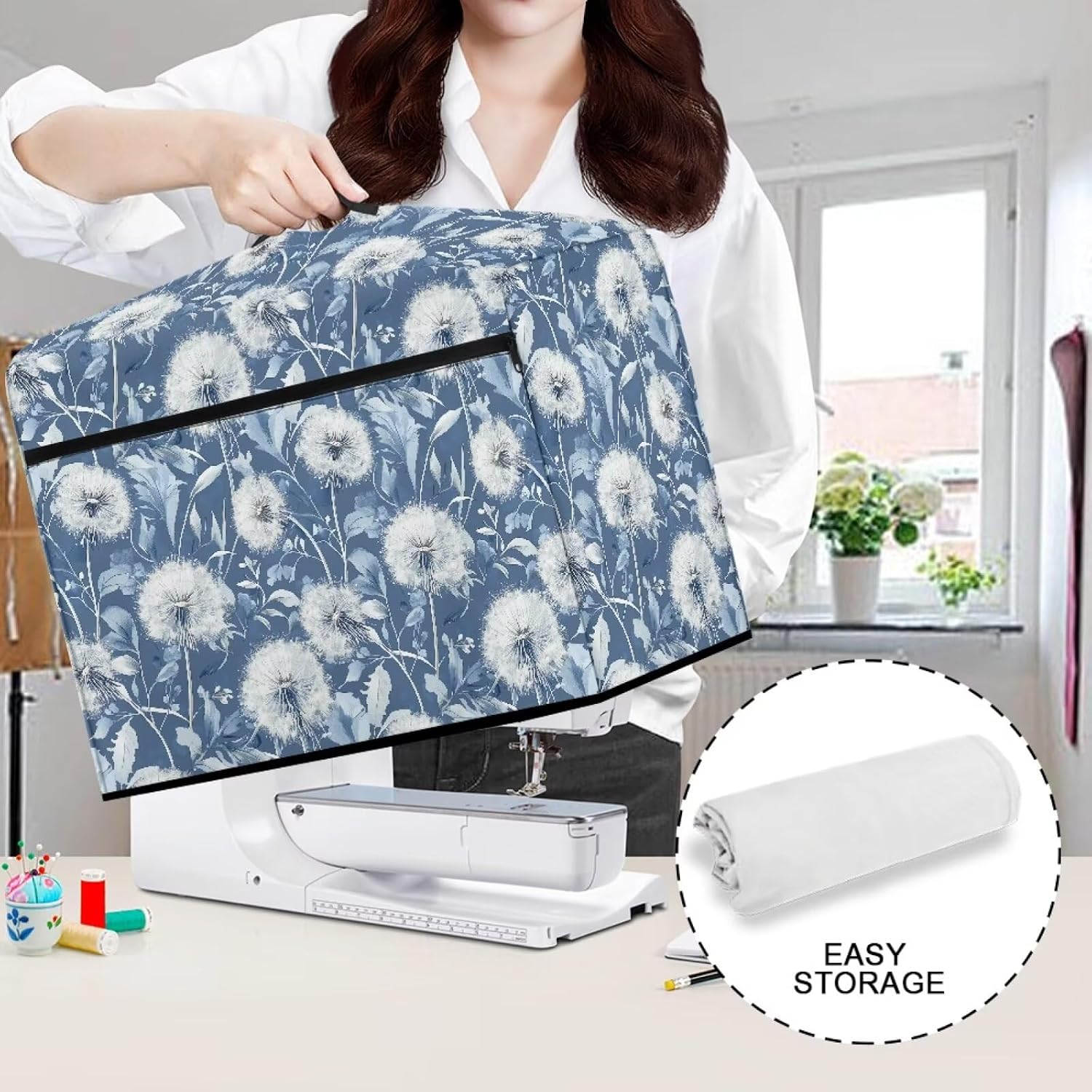 Dandelion Print Sewing Machine Cover Dust Cover with Top Handle Pockets Sewing Machine Protector, Dustproof Washable Accessories Case