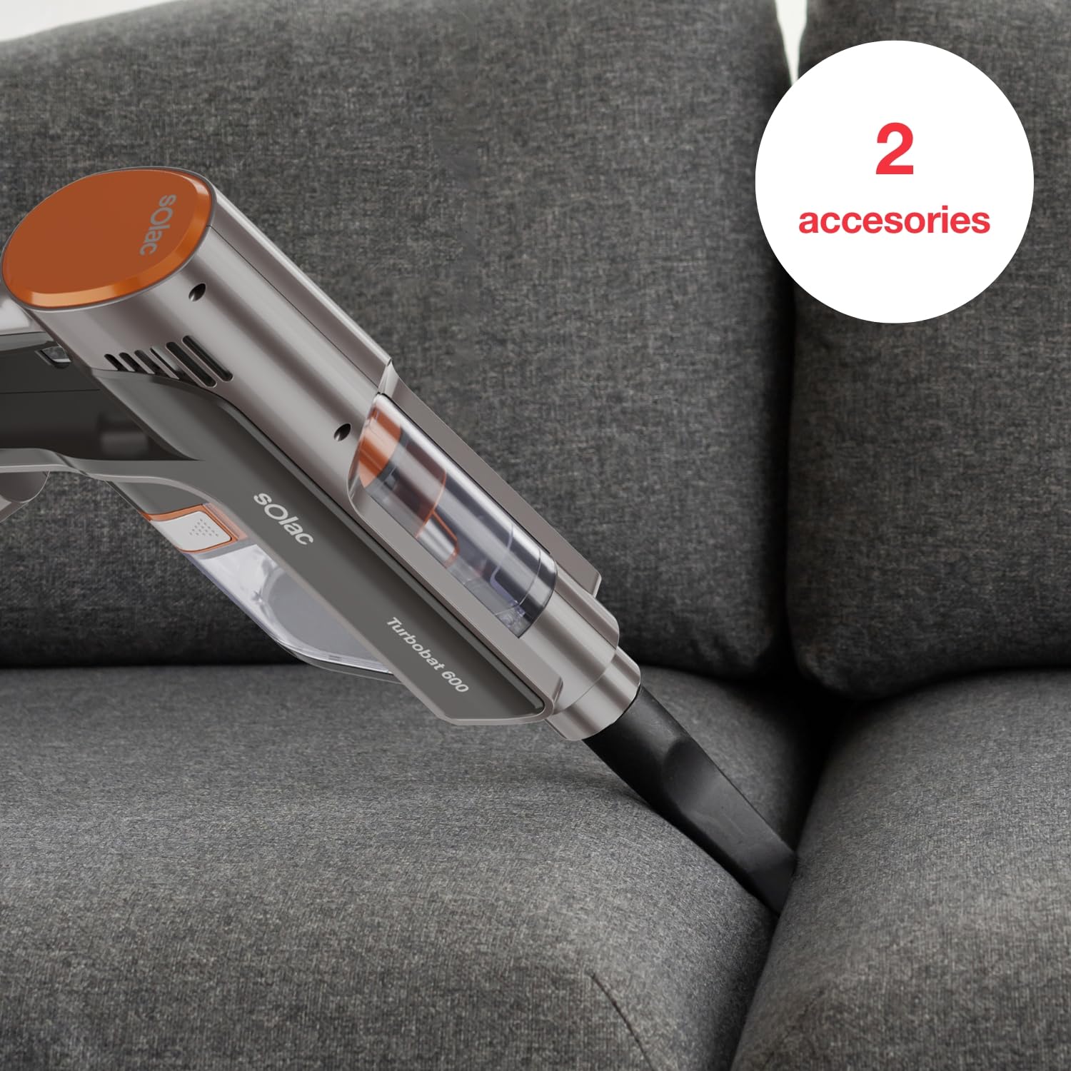 Solac - Aspirador Escoba Turbobat 600 | Potencia 12Kpa | Endless Powertech | Triple Sistema de filtrado ciclónico | Metal Mesh y HEPA | Depósito 800ml | Fácil Manejo | Accesorios Incluidos