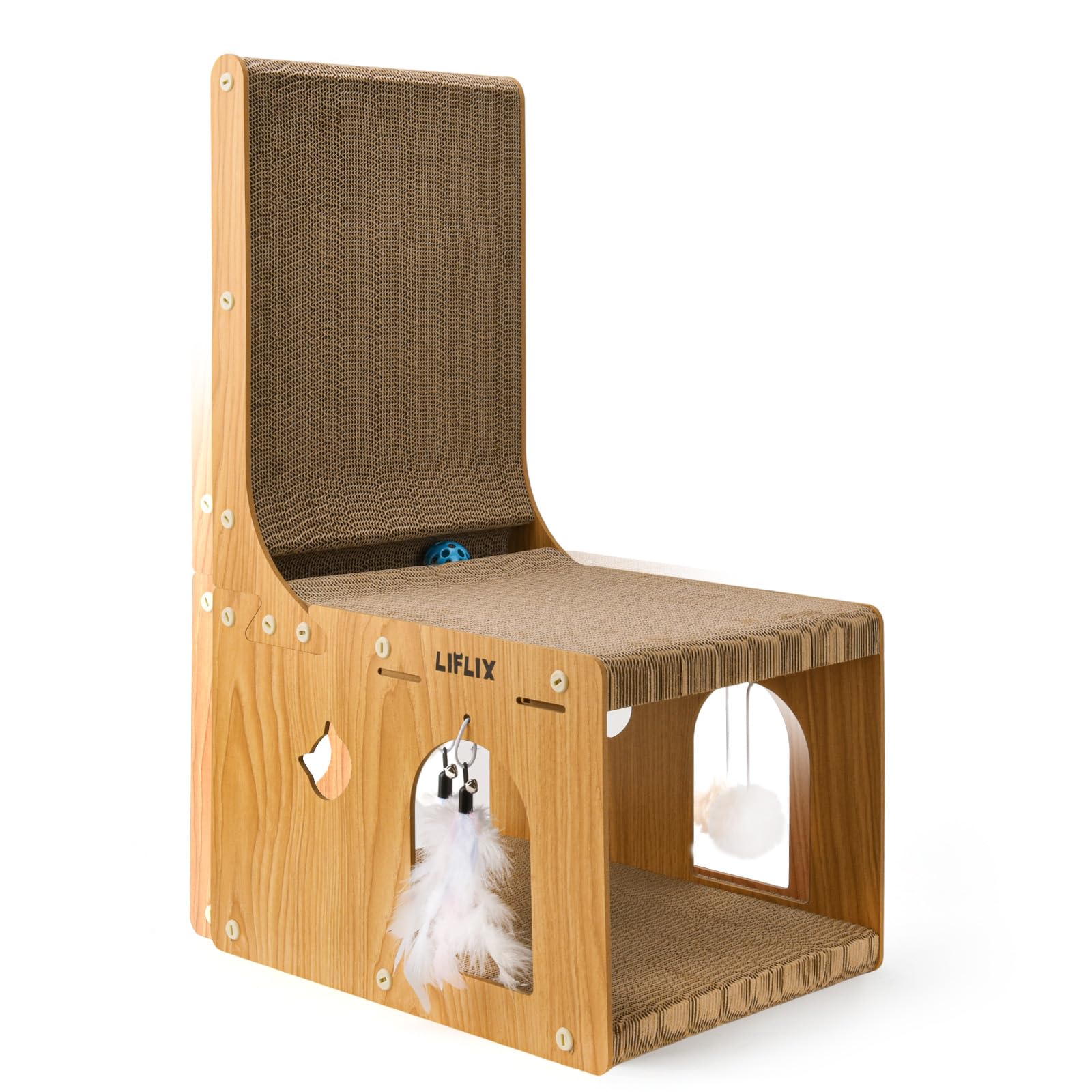 LIFLIX Double-layer L-shaped Cat Scratching Board, Cat Scratching Post with Toys, Cardboard Scratcher & Hideaway for Indoor Cats to Scratch, Rest and Play