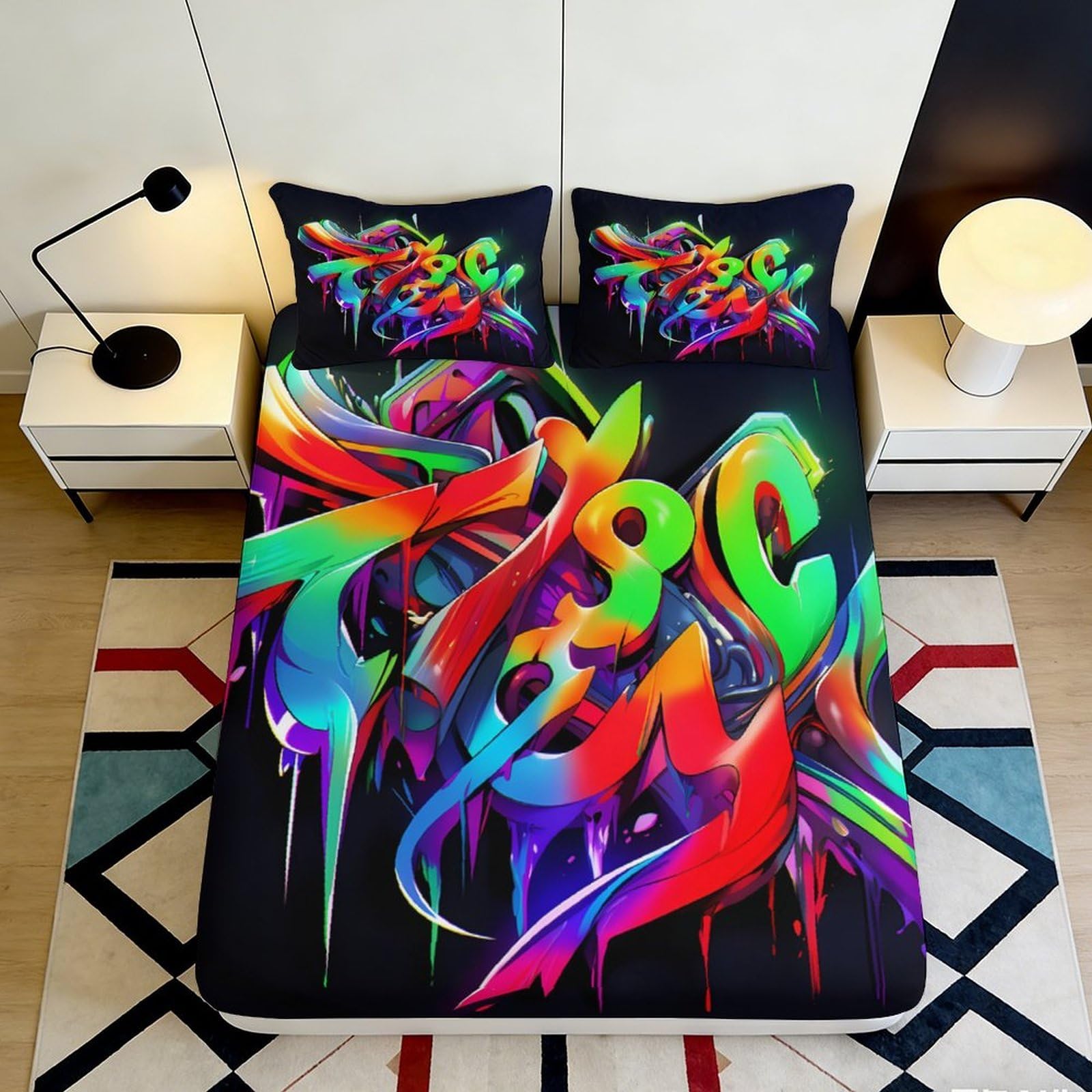 3D Printed Graffiti Art Fitted Sheet Microfiber Colorful Street Style Mattress Cover for Bedroom Dorm Decor 160x200x25cm