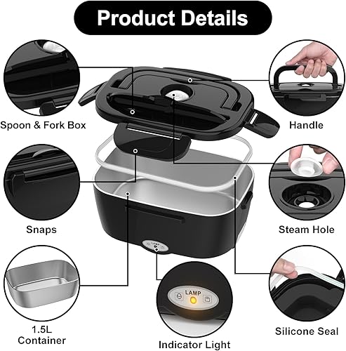 Miniatura 3 de Vabaso Lonchera Eléctrica para Adultos, Lonchera Calentada de 80W, Lonchera Portátil con Calentador de Alimentos para Negro,Gris azul,Verde