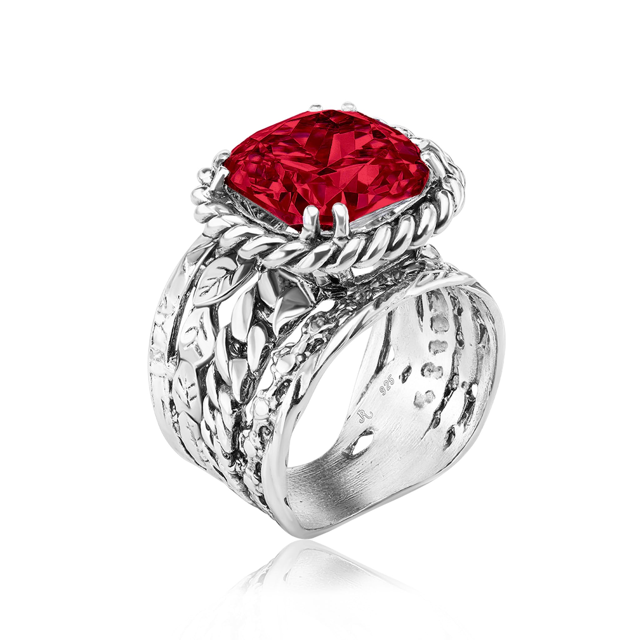JEAN RACHEL JEWELRY 925 Sterling Silver Ring - Braid & Leaf Vintage Design with Cushion Cubic Zirconia - Hypoallergenic, Lead & Nickel Free - Artisan