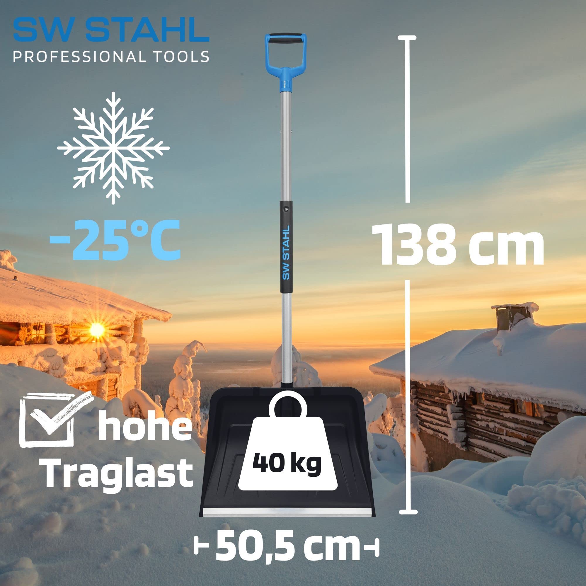 SW-Stahl 98100L Pala da Neve Pieghevole in Alluminio - Leggera, 138 cm | Spingineve salvaspazio da 55,5 cm con bordo in acciaio rinforzato e manico ergonomico, ideale per auto e vialetti.