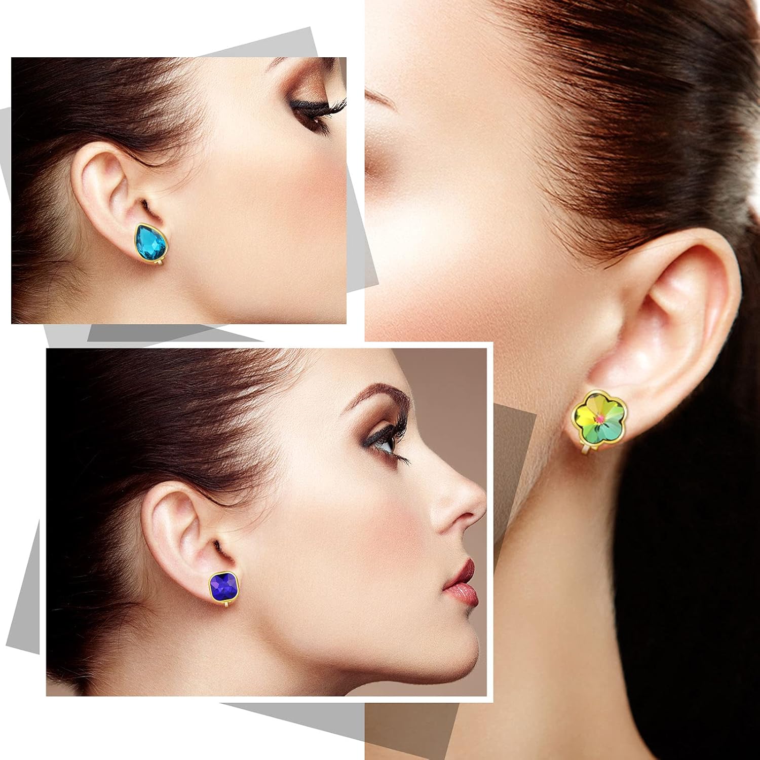 Hicarer 12 Pairs Clip on Earrings with Rhinestone, Non-pierced Vibrant Color Iridescent Birthstone Glittering Fake Earrings Set for Wearing It Yourself or Giving It As a Gift to Woman and Girl