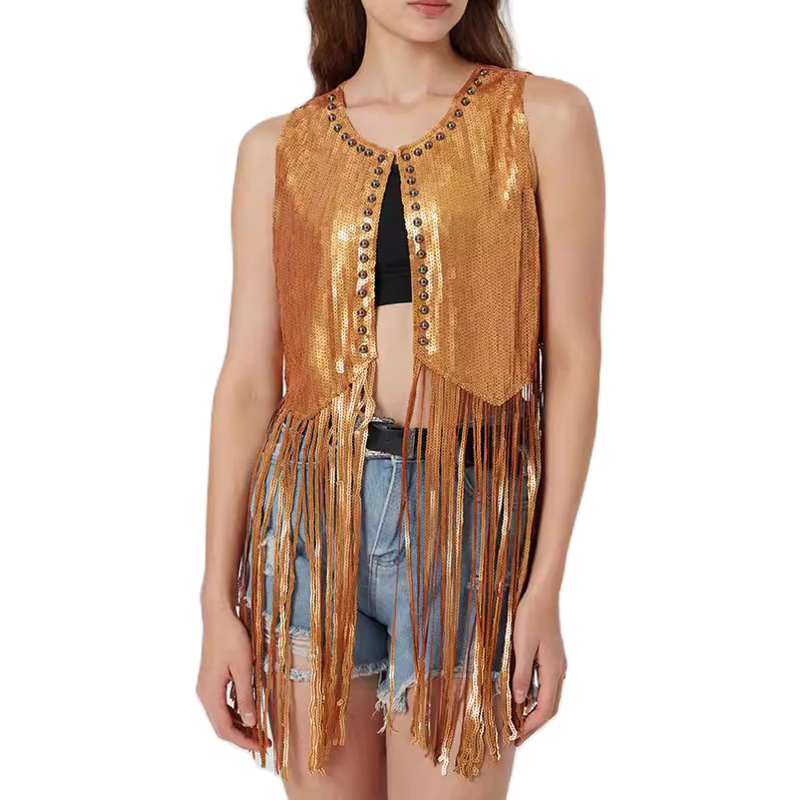 Women Fashion Fringe Vest Sleeveless Sequins Cowgirl Vest Tassel Cardigan Long Jacket Hippie Shinny Party Top