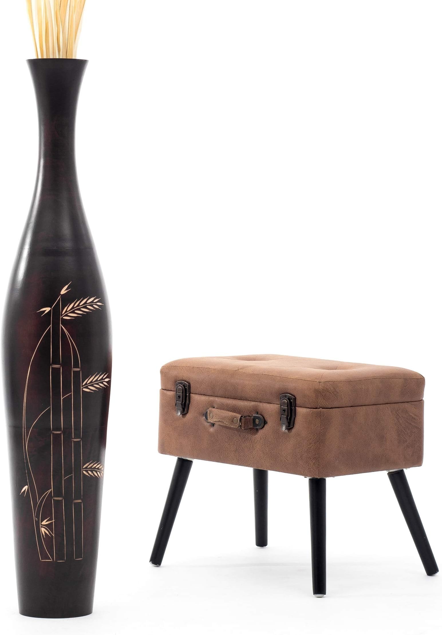 LeewadeeLarge Brown Home Decor Floor Vase – Wooden 43 inches Tall Farmhouse Decor Flower Holder for Fake Plant and Pampas Grass