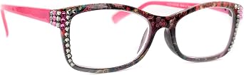 NY FIFTH AVENUE Frida, Bling Rectangular Women Reading Glasses w Rose, Blk Diamond Crystals Pink Multicolor Paisley