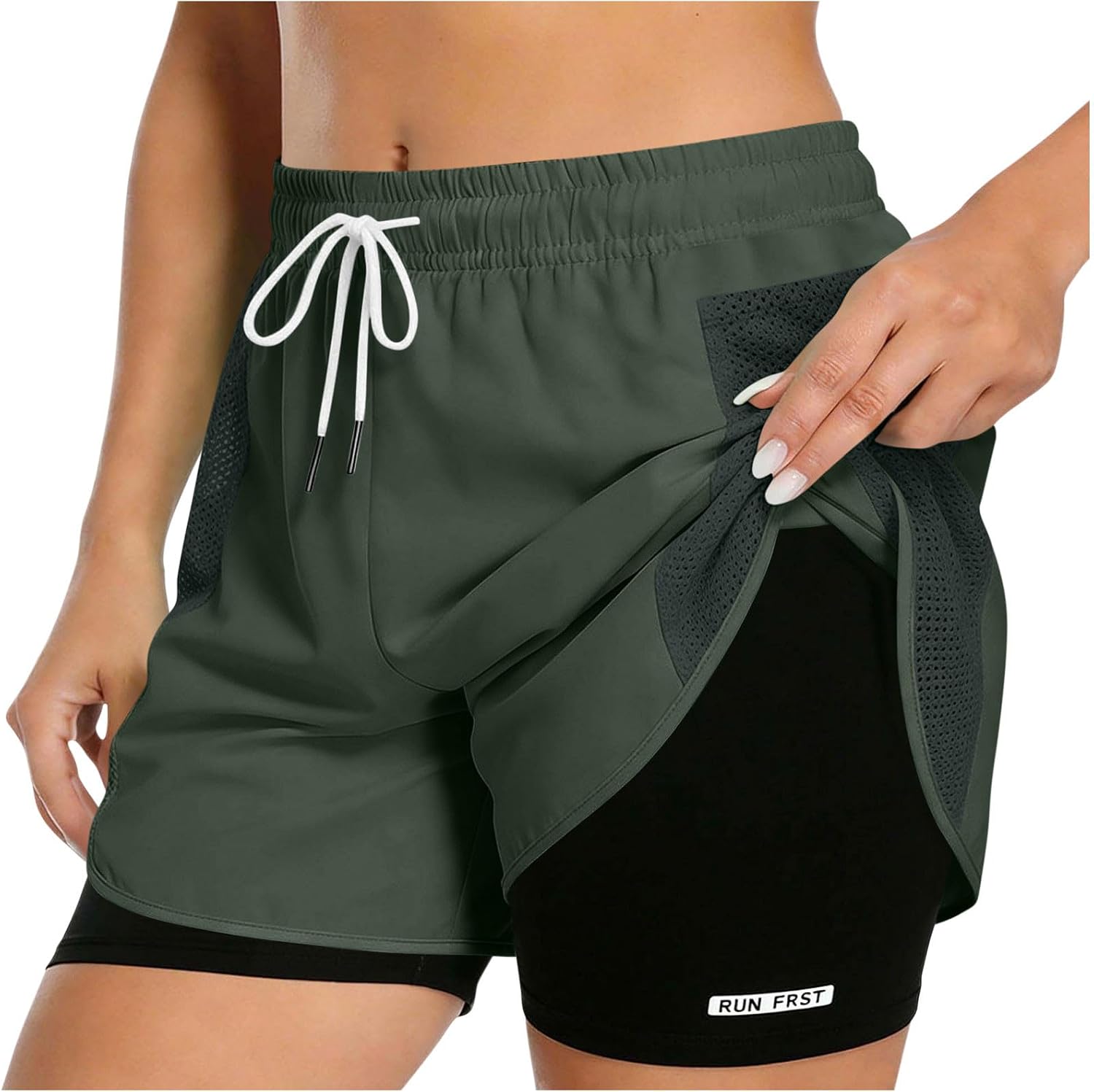 Women's 2 in 1 Running Shorts for Gym Yoga Workout Athletic Shorts Drawstring High Waisted Shorts with Liner Pockets