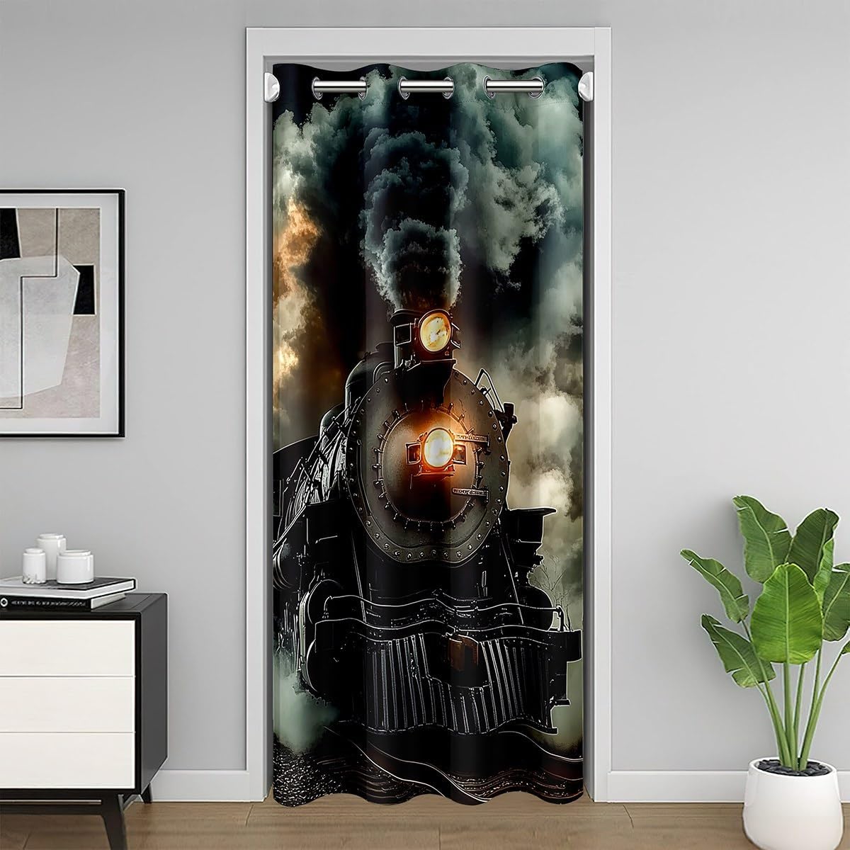 Erosebridal 3D Steam Train Door Curtains 34" W X 80" L Railway Track Darkening Blackout Curtain for Teens Men Transport Engine Vehicles Retro Vehicle Equipment Smoky Door Drape