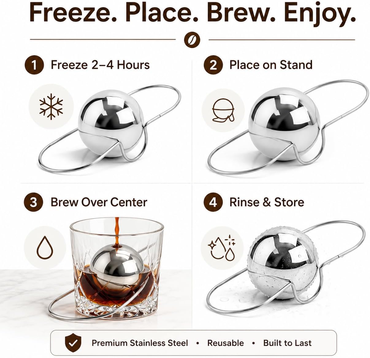 2 Pack XL Espresso Cooling Balls, Stainless Steel Frozen Coffee Chiller, Reusable Metal Ice Balls for Espresso, Iced Coffee, Latte, Tea & Whiske for Excellent Drink Temperature
