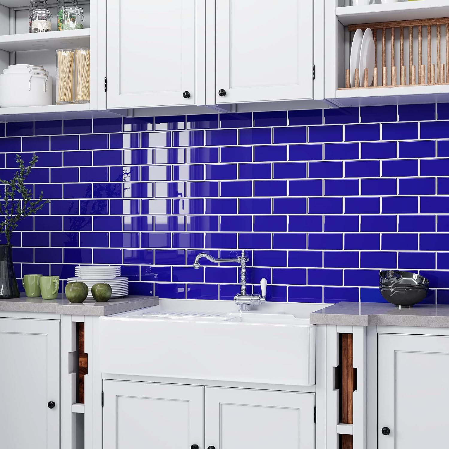 VEELIKE 12-Sheets Royal Blue Subway Tile Peel and Stick Backsplash Blue Peel and Stick Tile Backsplash for Kitchen Bathroom 12''x12'' Waterproof Removable Back Splash Stick on Tiles for Renters