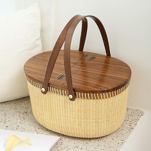 Miniatura 6 de Teng Tian Nantucket Basket Crafts - Cesta de picnic con tejido de caña sobre caña, cesta de compras, cesta de almacenamiento, dos asas oscilantes