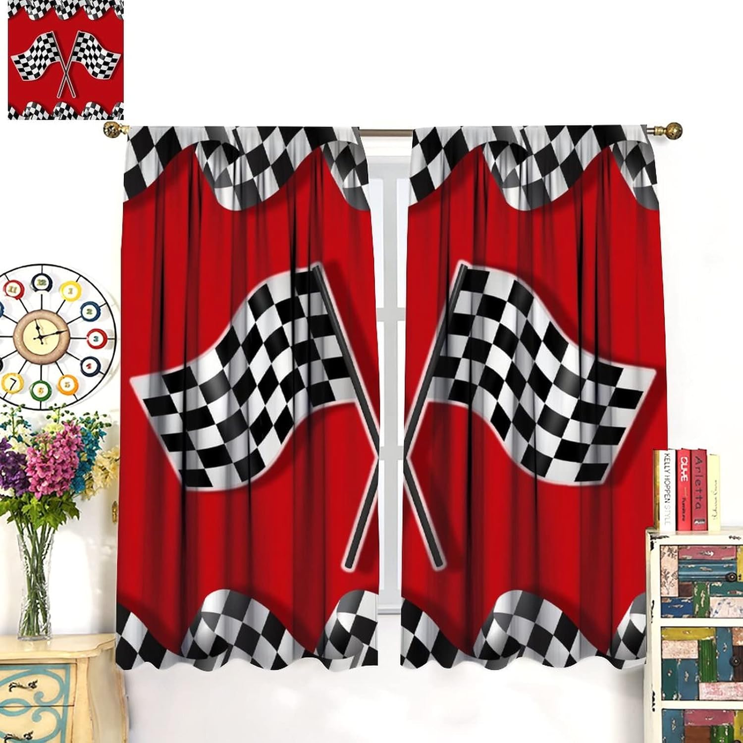 Race Car Blackout Curtains-Racing Car Flag Game Theme Racecar Checkered Flag Window Treatment,Rod Pocket Room Darkening Curtains 2 Panels 21W x 45L（(Window Size Should be Less Than 42W)