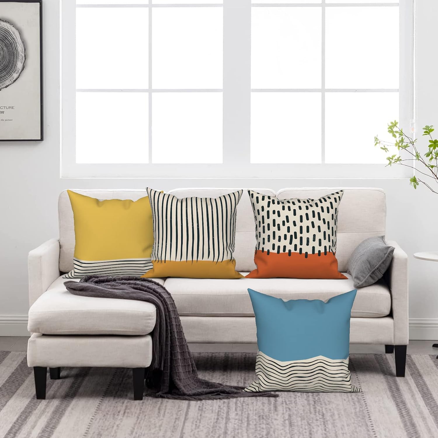 Beiyongde Mid Century Modern Pillow Covers 18x18 Inch Set of 4 Modern Abstract Decorative Linen Throw Cover Watercolor Blue Yellow Orange Couch Cushion Case for Bedroom Sofa Outdoor (100000)