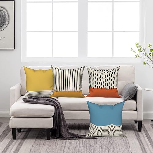 Miniatura 6 de Beiyongde Juego de 4 fundas de almohada modernas de mediados de siglo de 18 x 18 pulgadas, fundas decorativas modernas de lino abstracto, fundas