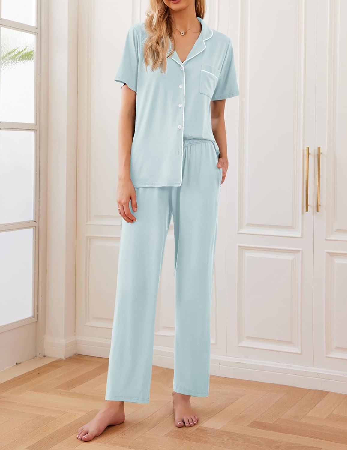 Ekouaer Women Pajamas Set Button Down Sleepwear Short Sleeve Nightwear with Long Pants Soft Pjs Set S-XXL