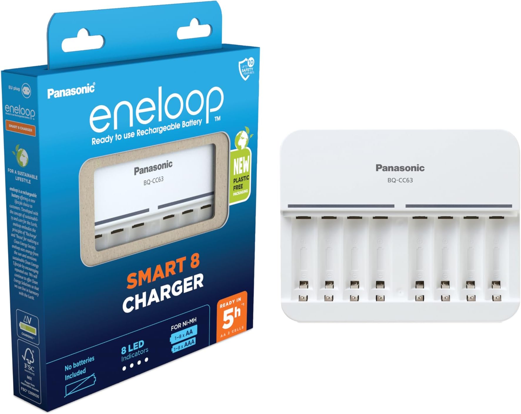 Panasonic Smart 8 charger | for 1-8 AA/AAA Ni-MH batteries, with 8 LED indicators & 9 safety features (UK plug)