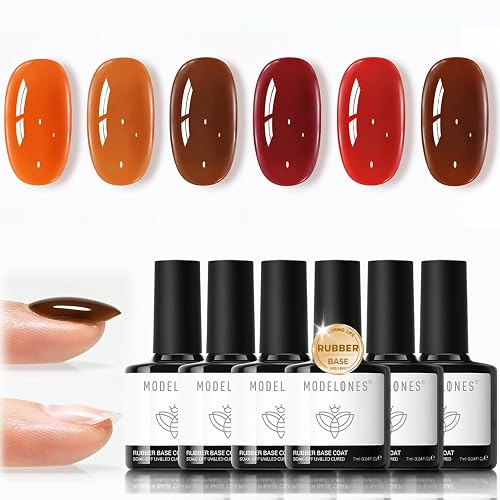 modelones Fall Jelly Rubber Base Gel Polish Set Brown Burgundy 6 Color Gift | Autumn Tortoise Dark Red Strengthener for Weak Nails Apex Building Extension Long Last Soak Off U V Builder Nail Gel Manicure