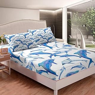 Kids Dolphin Bed Sheet Set Boys Blue Watercolor Dolphin Bedding Set Ocean Marine Themed Fitted Sheet for Children Adults Sea Creatures Bed Cover Abstract Art Room Decor Queen Size