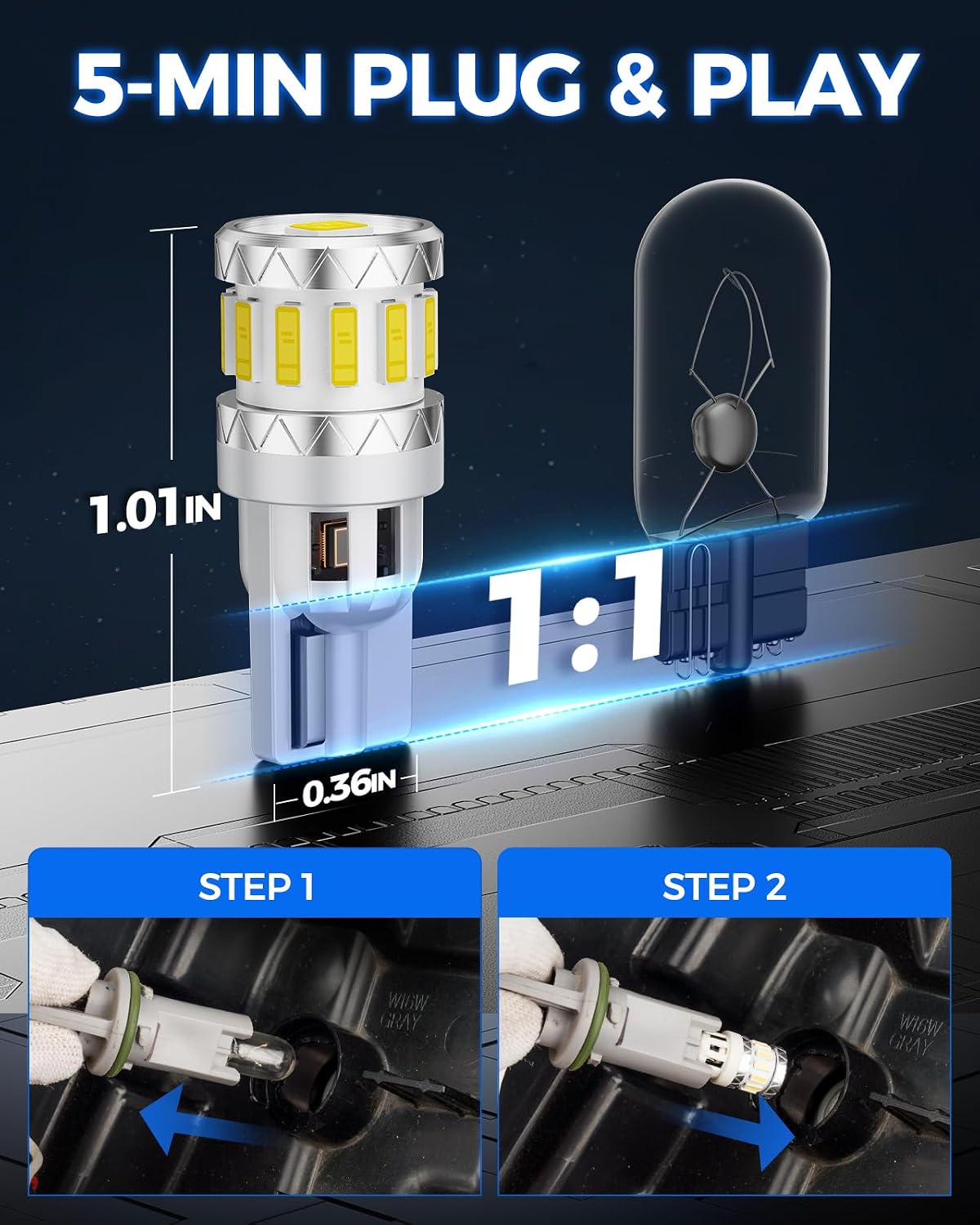Marsauto Upgraded 194 LED Light Bulb White, 168 2825 T10 W5W LED Light for License Plate Lights Dome Map Door Courtesy Trunk Marker Light, 500% 360° 6000K 2835SMD Super Bright Pack of 10 image 5