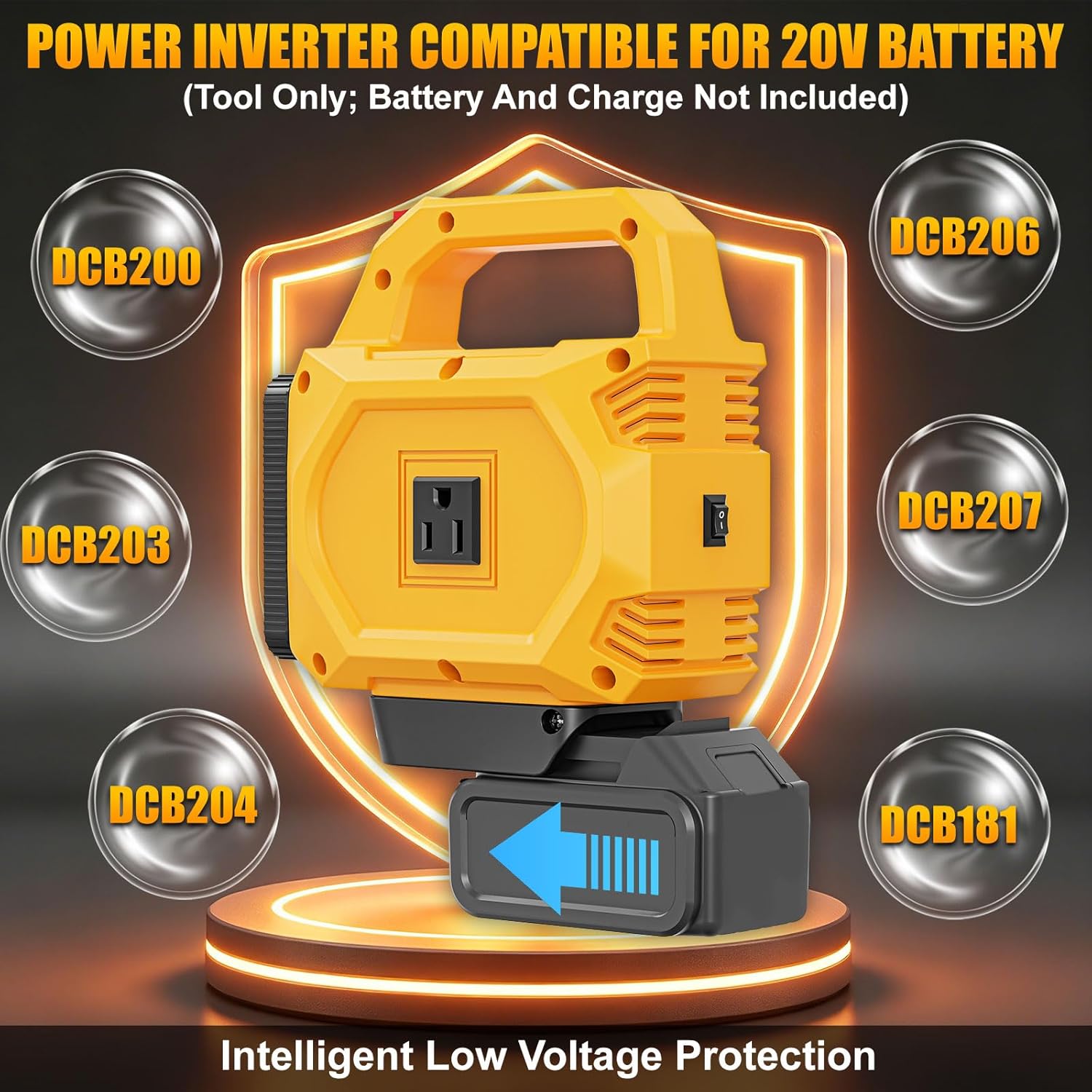 250W Power Inverter Compatible for Dewalt 20V Battery, DC 20V to AC 110V Portable Power Station with 3000LM LED Work Light, 1 AC Outlet, 1 Type-C, 2 USB Ports, for Camping, Emergency Use(No Battery)
