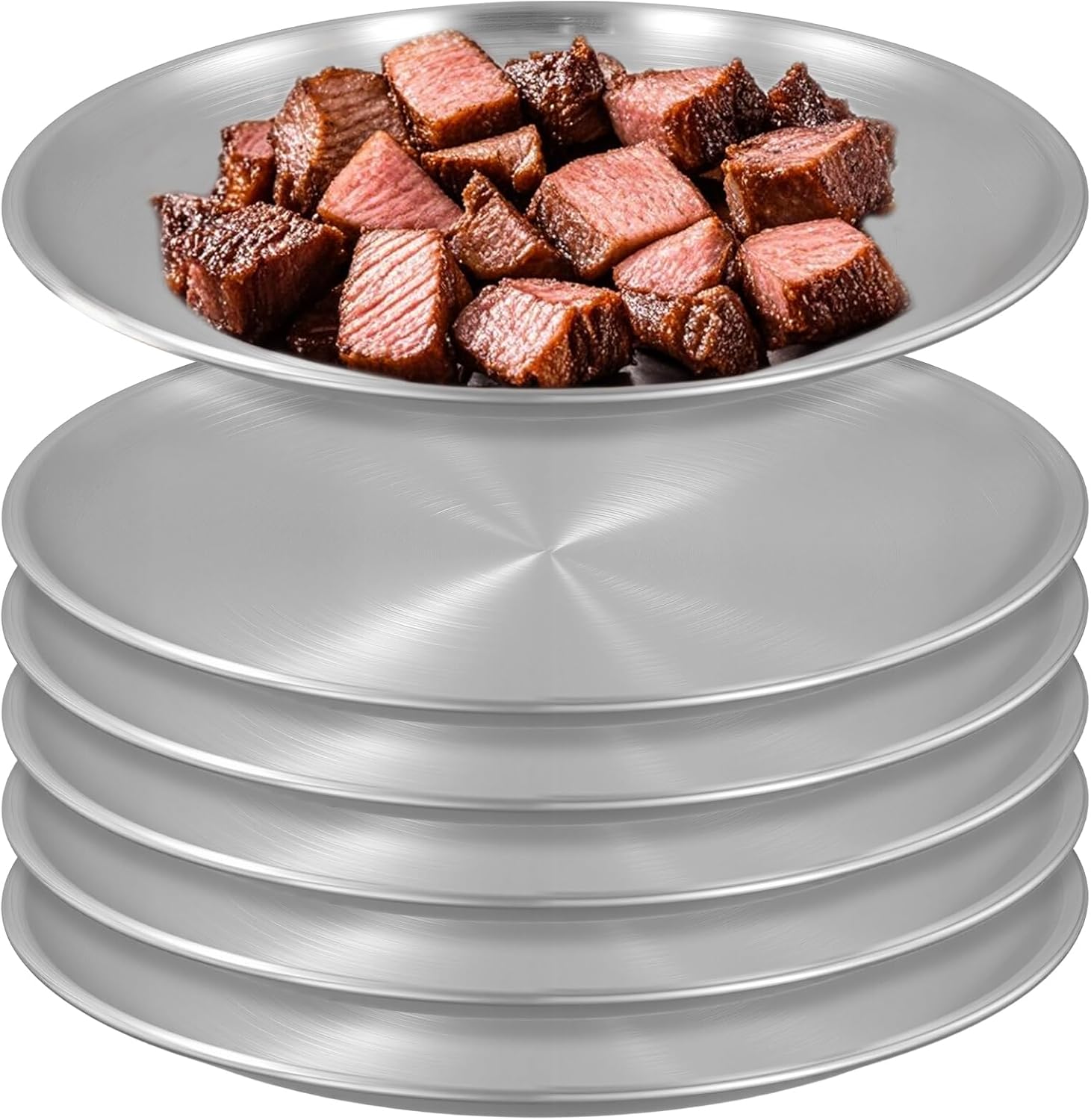 SINJEUN Pack of 6 Stainless Steel Plates 20 cm, Stainless Steel Round Tableware, Silver Stainless Steel Plates Camping Tray for Kitchen