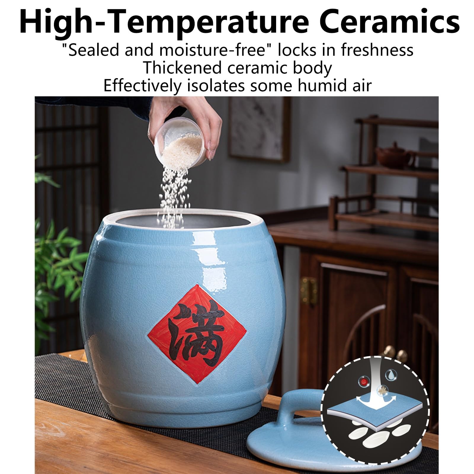 Secchio per Riso in Ceramica con Coperchio,Riso Sigillato di Capacità per Uso Domestico,Contenitore per Cereali e Riso,Design a Bocca Larga,per Farina Zucchero Cereali(15kg)