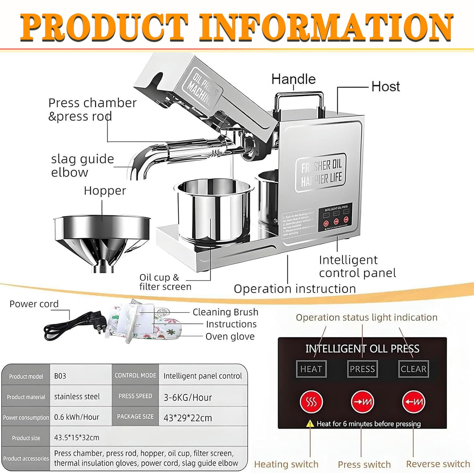 Prensa de Aceite Automática 820W, Extractor de Aceite en Caliente y Frío para Cacahuetes, Sésamo, Nueces y Aceitunas, Acero Inoxidable 304 de Grado Alimentario, para Uso Doméstico y Comercial