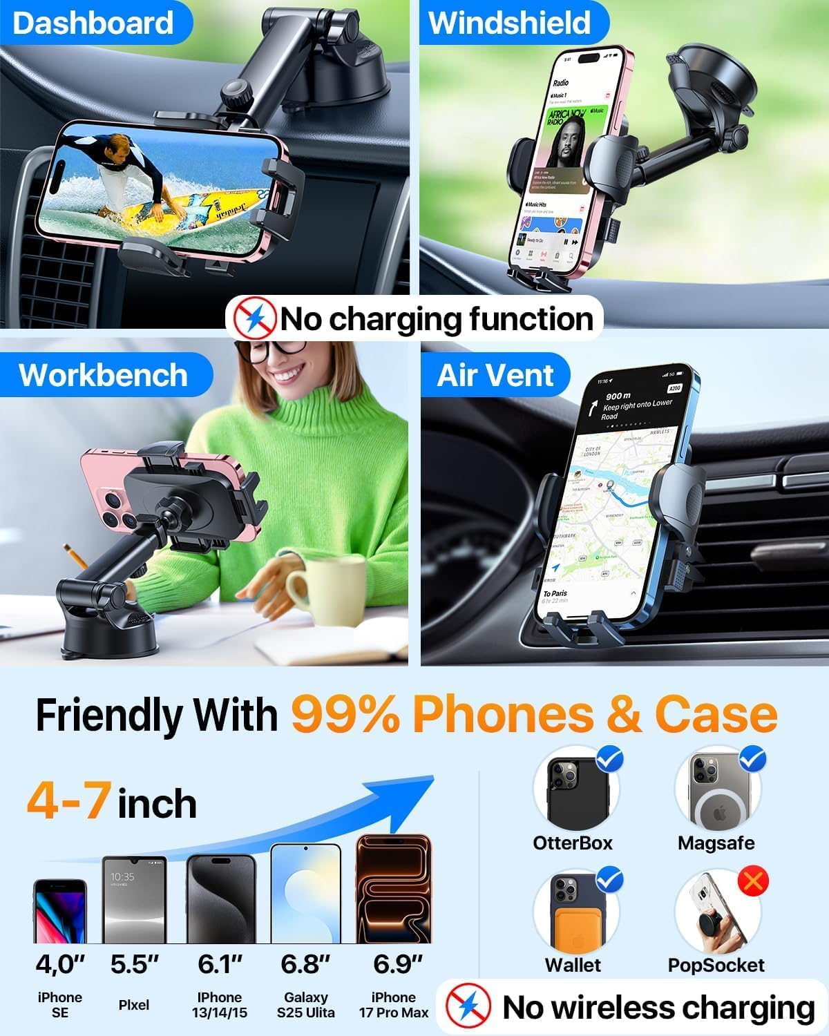 Car Phone Holder【2026 Upgraded 100 LBS Suction & Safety Cert】 Cell Phone Car Mount for Truck Heavy Duty Phone Holder for Dashboard/Windshield/Vent for iPhone 17 16 Pro Max, Dark Black