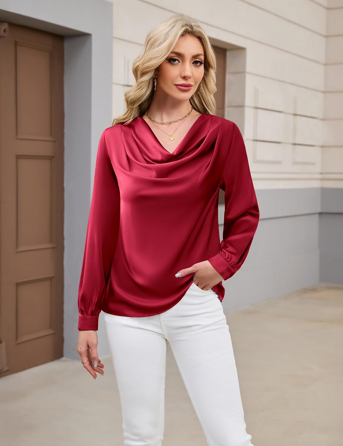 Blooming Jelly Womens Satin Blouse Cowl Neck Draped Silky Long Sleeve Dressy Tops Fall Trendy Fashion Business Casual Outfit - Image 2