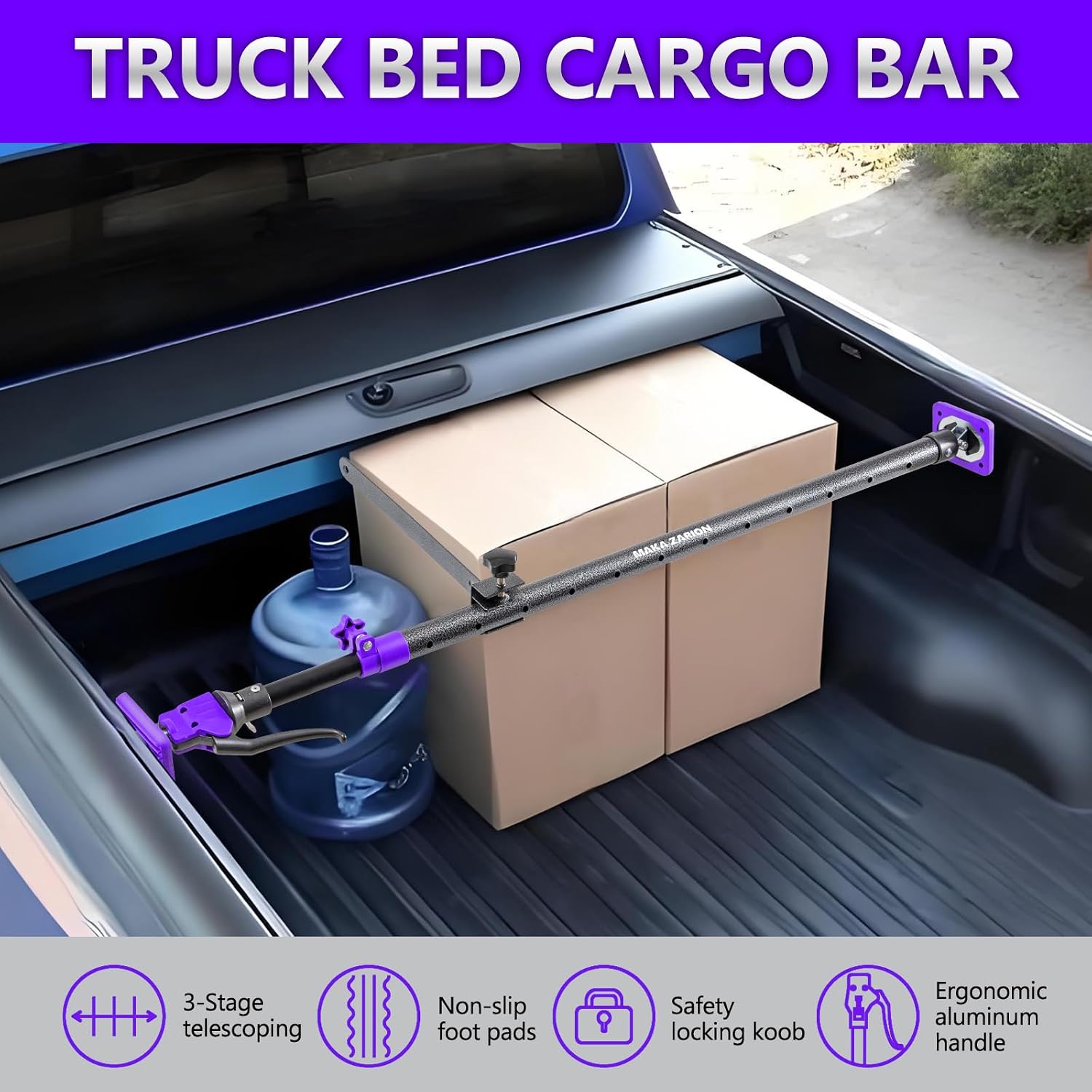 Purple Adjustable Cargo Bar, Truck Bed Divider from 40 to 70 in with 200LB Bearing Capacity, Cargo Bar for Pickup, Truck Bed Organizer Cargo Bars for SUV, Trailer, Van, Come with 1 Divider Bar, 1 Cargo Net