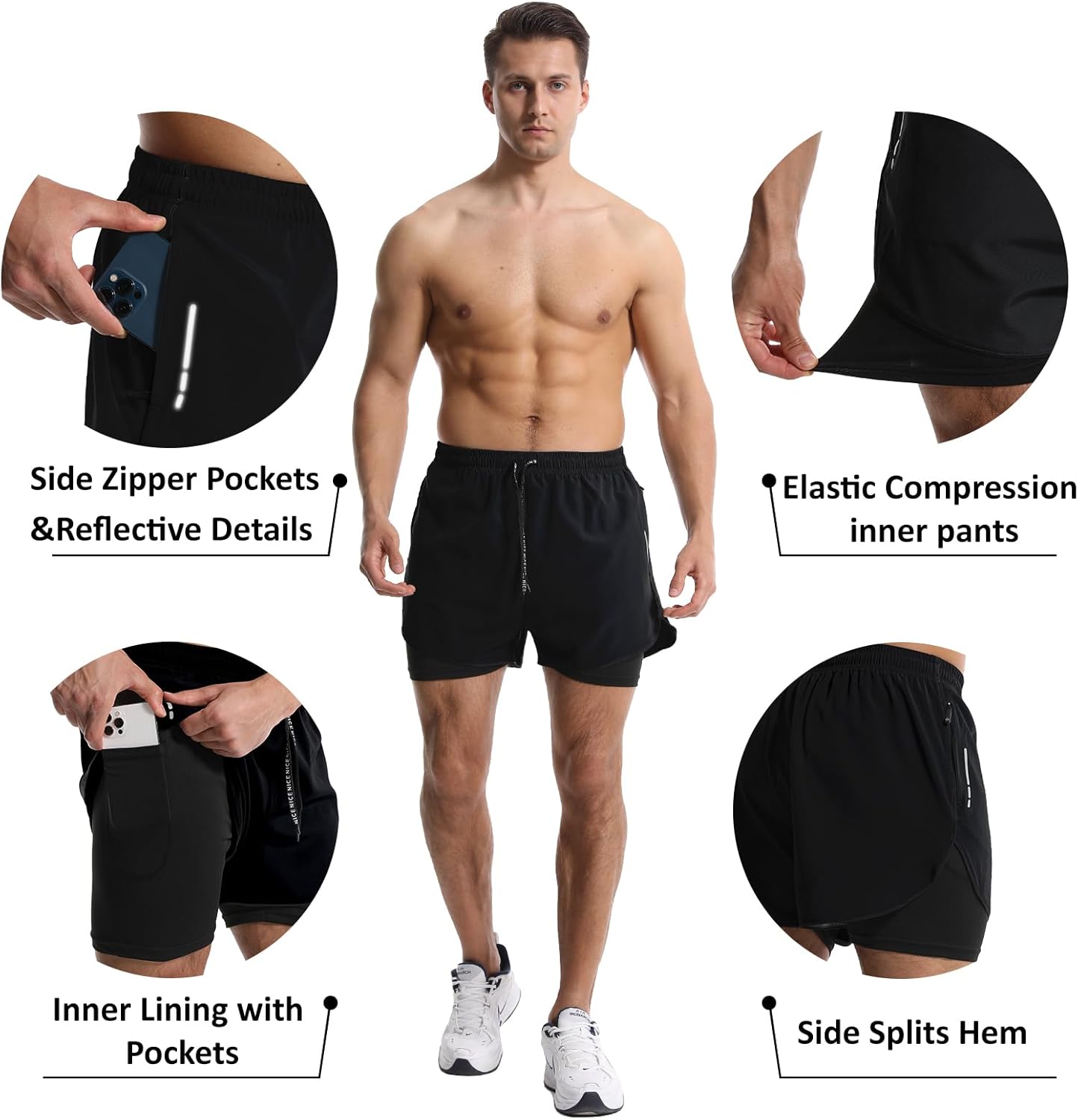 OEBLD Men’s Running Shorts 3 Inch Workout Gym 2-in-1 Pants Athletic Compression Tights - Image 4