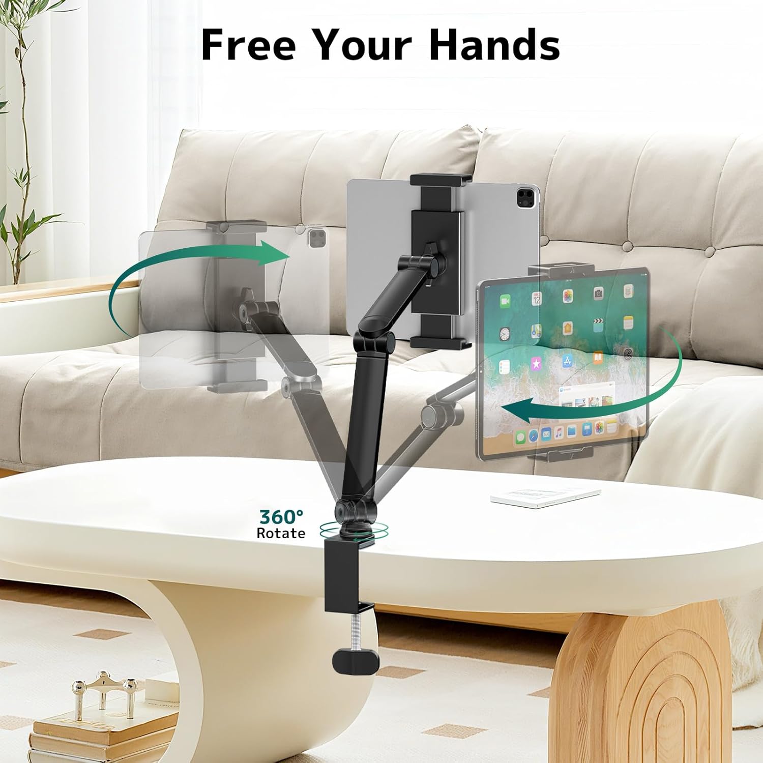 Tablet Stand Holder for Desk, Portable Phone Tablet Holder for ipad with 360° Rotation,Adjustable Arm Clamp Mount Compatible with 4.7"-12.9" iPad, iPhone, Kindle, Black