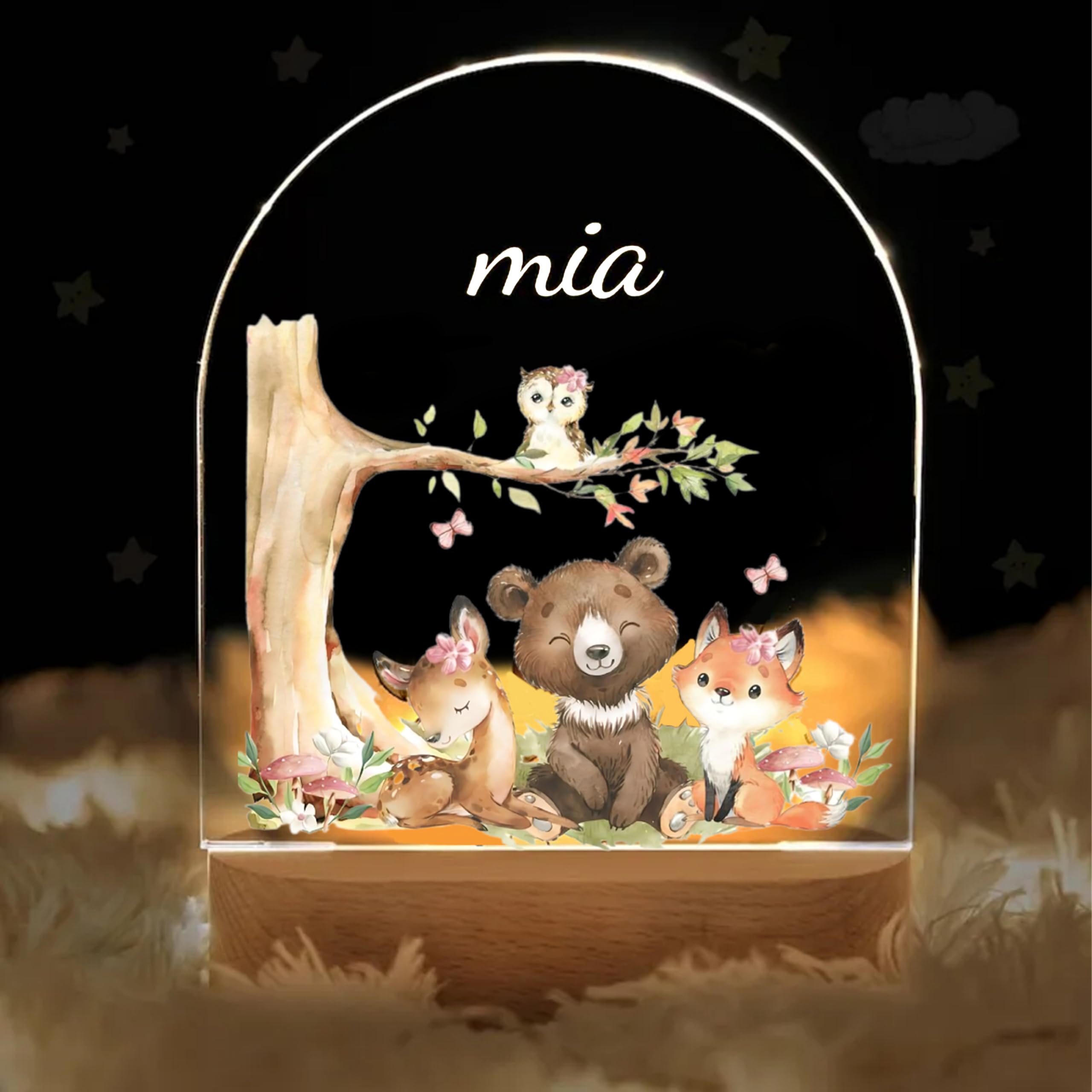 Personalised Woodland Night Light with Name, Nursery, Anniversary, Baby Gift Birth, Night Light Children Newborn Gift, Bedside lamp