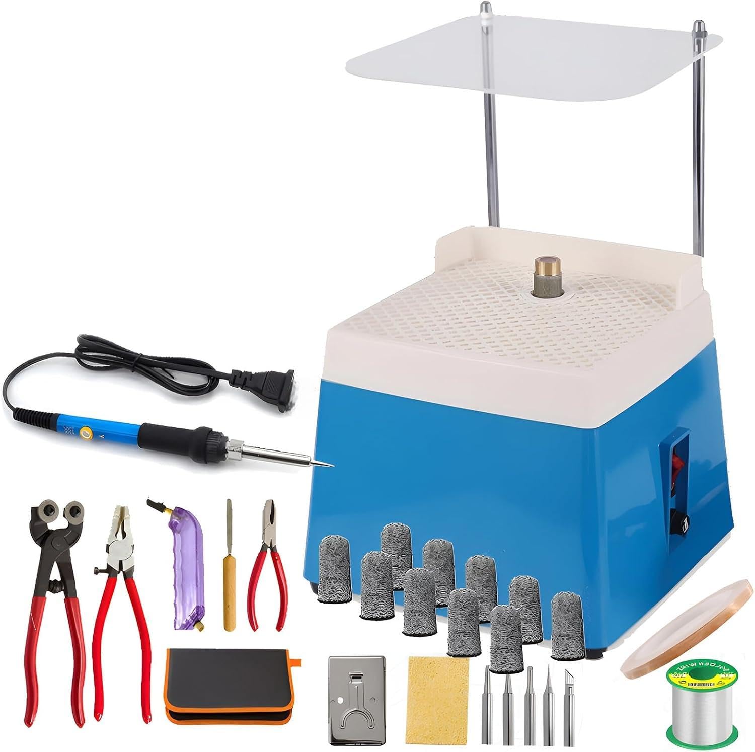 Kit de iniciación de amoladora de vidrieras, máquina de molienda de escritorio con brocas de 5/8 pulgadas y 1 pulgada, kit de soldador, cinta de lámina de cobre, alambre de soldadura, funda de dedo