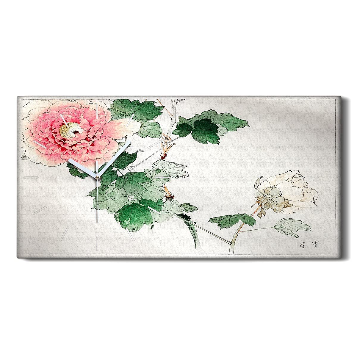 Horloge sur Toile Mains Blanches Art Moderne Tableau Silencieux 60x30cm Feuilles Asiatiques