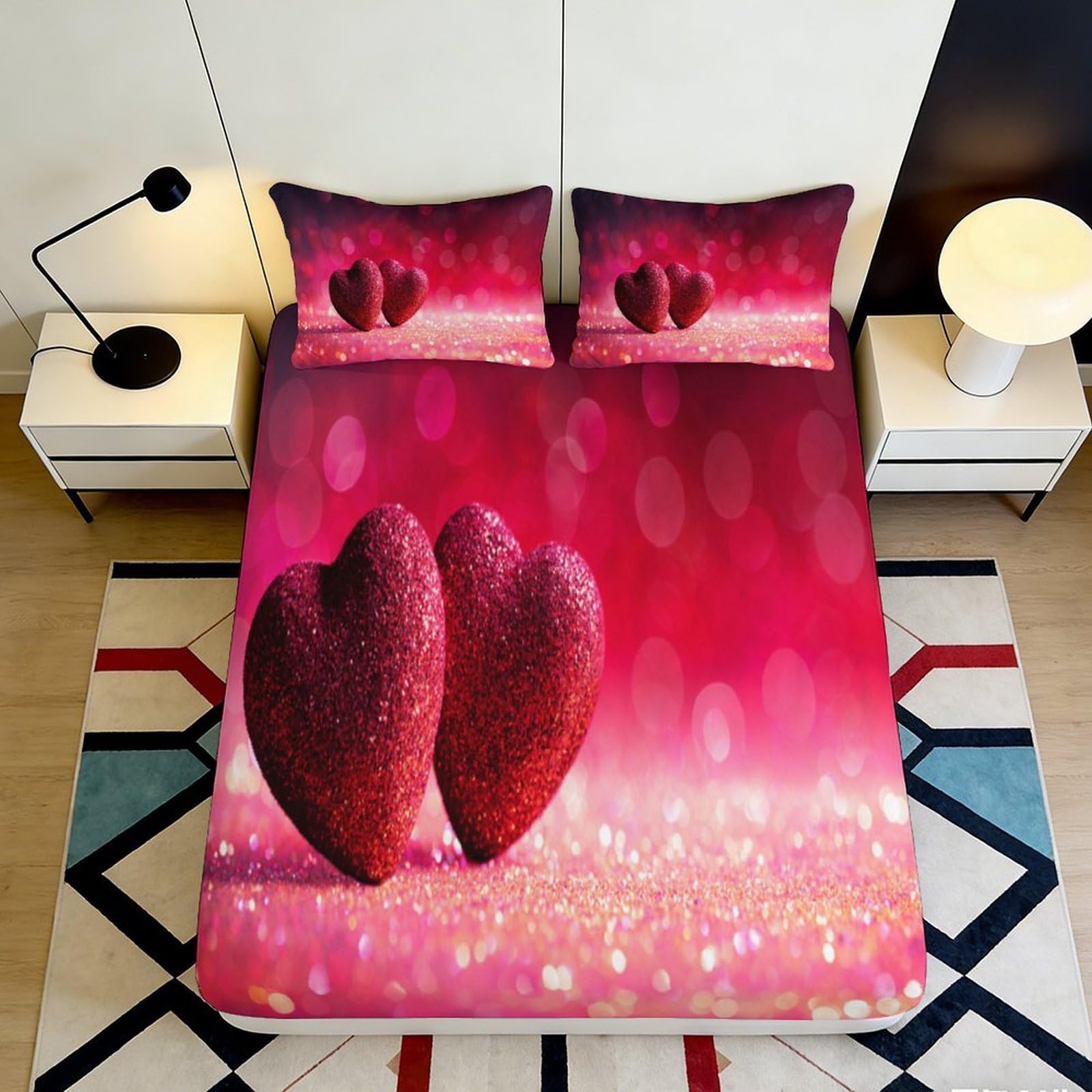 3D Printed Glitter Heart Fitted Sheet Microfiber Red Romantic Love Mattress Cover for Bedroom Guest Room Decor 90x200x25cm