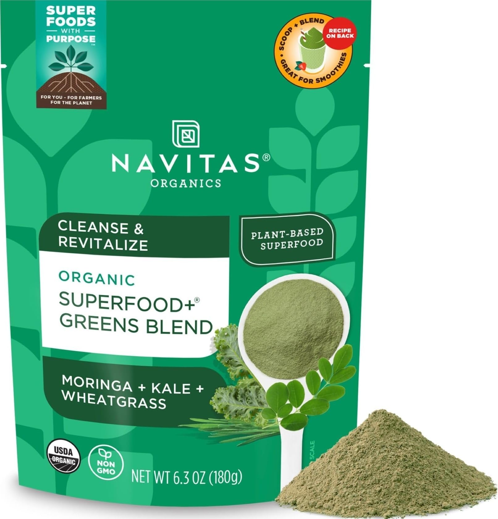 Navitas Organics Mistura de Verdes em Pó com Moringa, Couve e Trigo-verde, Orgânica, 30 porções, 179 g