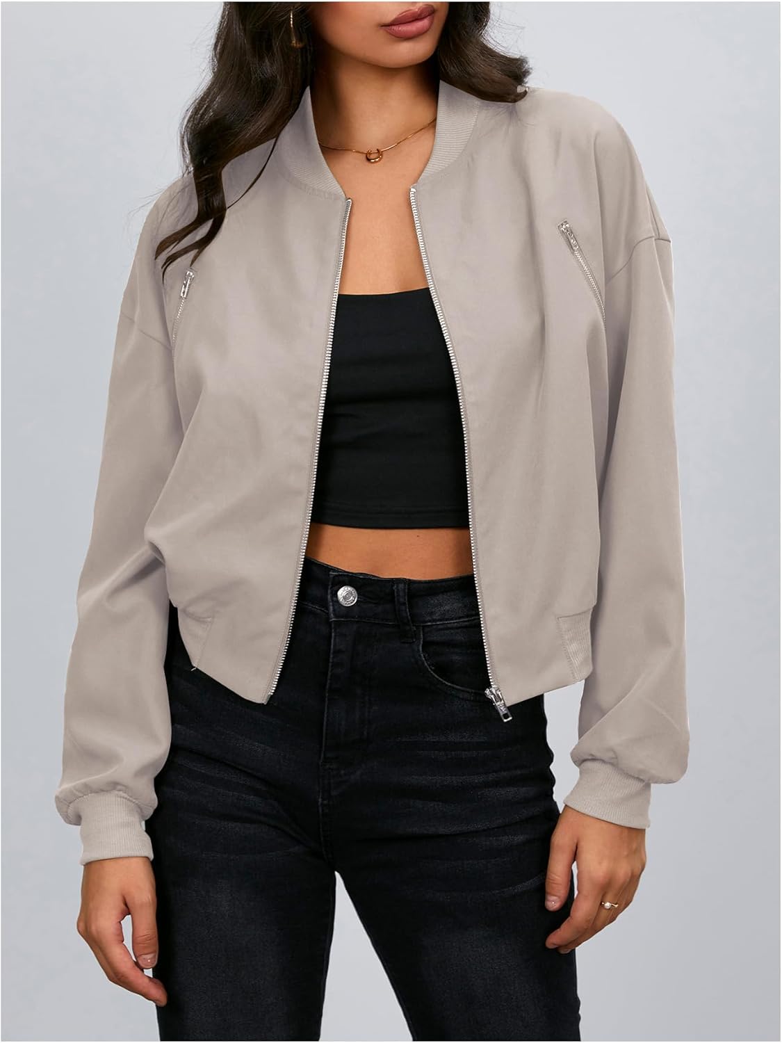 Verdusa Women's Cropped Bomber Jackets Casual Lightweight Jacket Zip Up Long Sleeve Coat Fall Jacket - Image 3