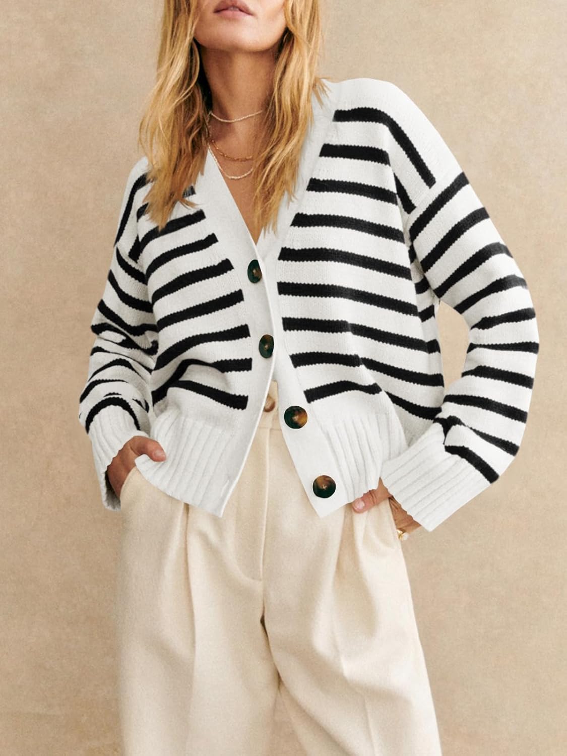 Saodimallsu Womens Striped Cardigan Sweaters V Neck Button Down Long Sleeve Open Front Ribbed Knit Outerwear - Image 2