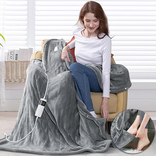 OCTROT Manta eléctrica de 50 x 62 pulgadas, manta de calentamiento rápido con bolsillo para los pies, 10 niveles de calefacción, apagado automático