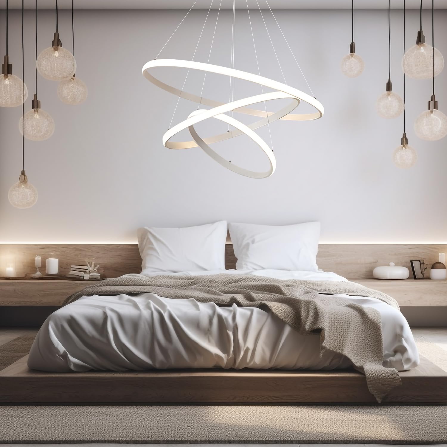 Arcadia Lampadario a Sospensione 5500LM 90W 60cm - Modello Nemesi (Bianco) | Lampadario Camera da Letto Soggiorno Cucina con Luce Calda e Fredda Dimmerabile, Telecomando e App inclusi - Finitura Bianca