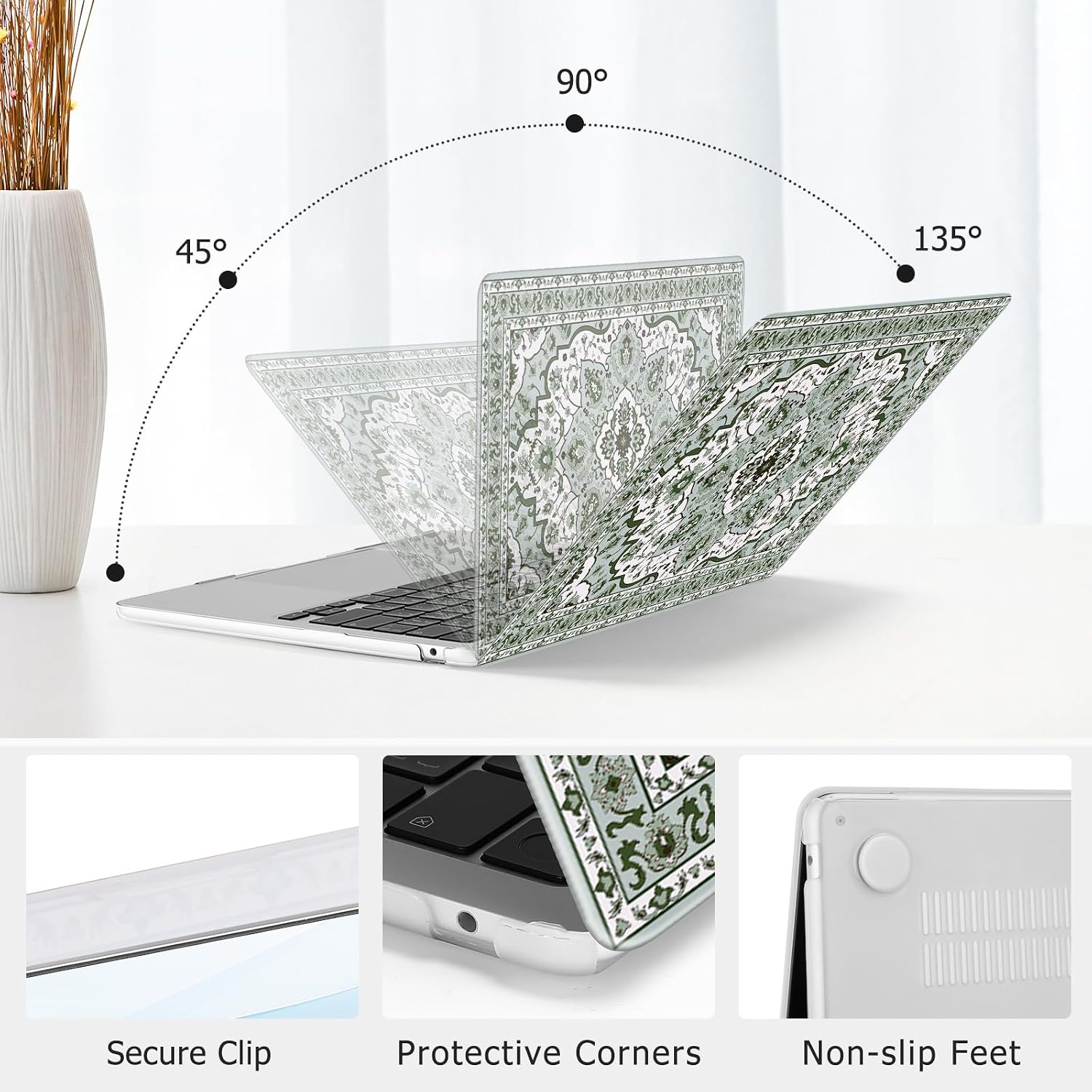 MOSISO Compatible with MacBook Air 13 inch Case M5 2026 M4 2025 M3 M2 2024-2022 A3449 A3240 A3113 A2681, Rero Floral Medallion Hard Shell&Keyboard Cover&Screen Film for MacBook Air 13.6 inch, Green