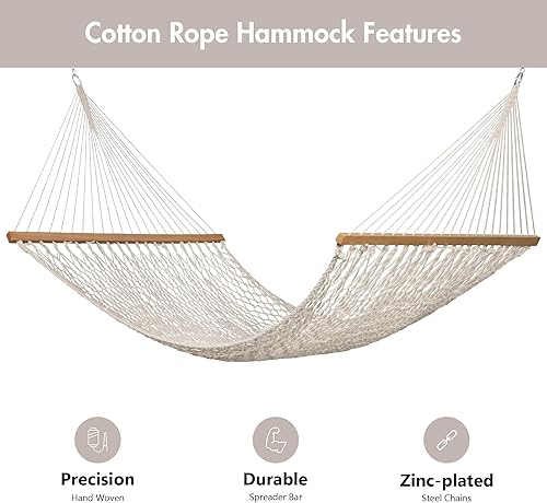 Miniatura 3 de ANOW Hamaca doble de cuerda con barra separadora de madera dura y bolsa de transporte, capacidad de peso de 450 libras para dos personas, natural