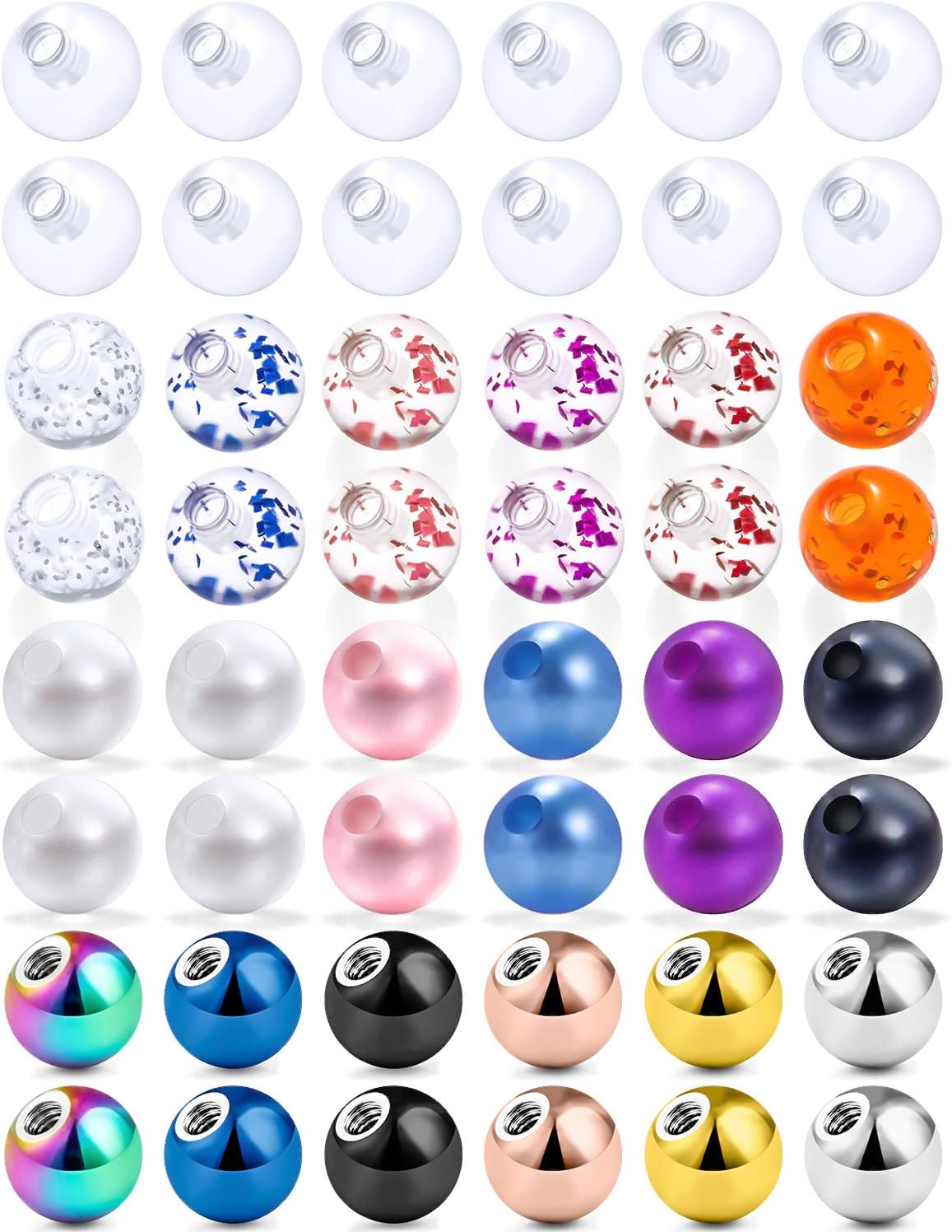 48PCS 14G/16G 5mm Stainless Steel & Glitter Acrylic & Clear Acrylic & Pearl Balls Body Jewelry Piercing Barbell Parts Balls for Women Men