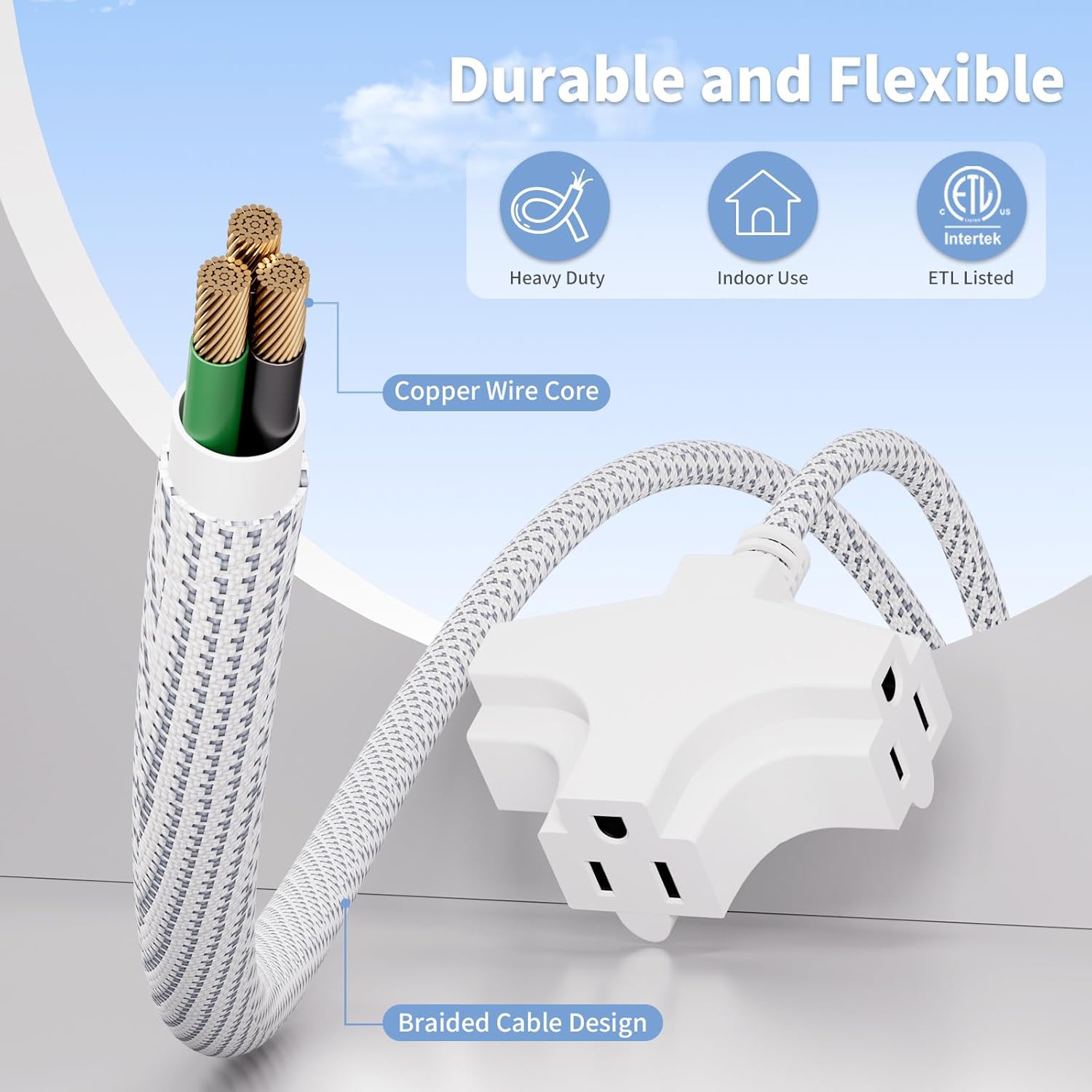 K Kasonic 3 Outlet Extension Cord, 6 Feet Flat Plug Extension Cord, 16/3 SJTW 3-Wire Grounded, 13 Amp 125 V 1625 Watts, Braided Power Cord with Multi-Outlet for Indoor Use, ETL Listed