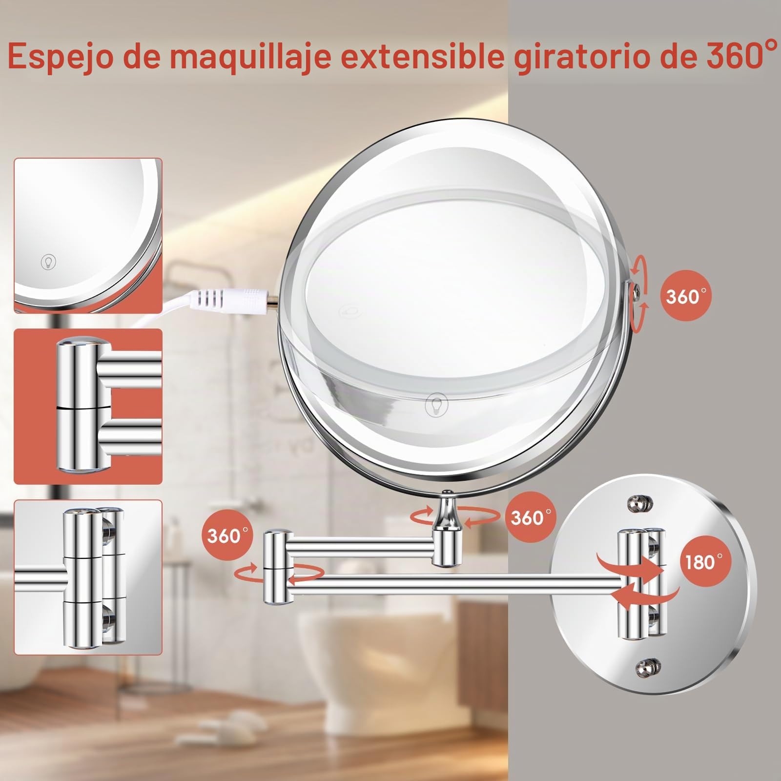 Espejo de maquillaje montado en la pared de 8 pulgadas, espejo de tocador de aumento 1x/10x con luces, LED recargable, 3 luces de color, espejo de baño de brillo ajustable, interruptor táctil,